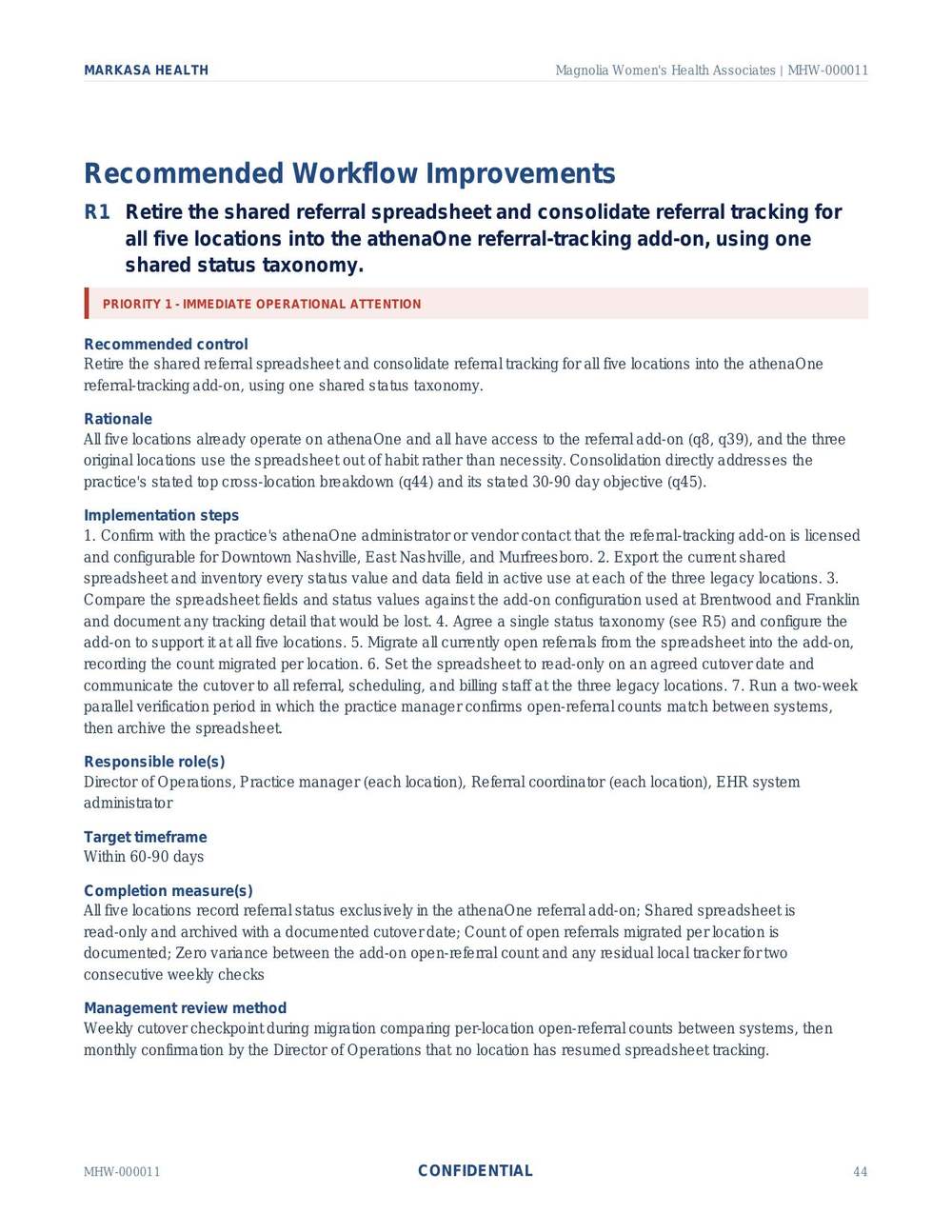 Sample recommendation R1 showing recommended control, rationale, implementation steps, responsible roles, and completion measures