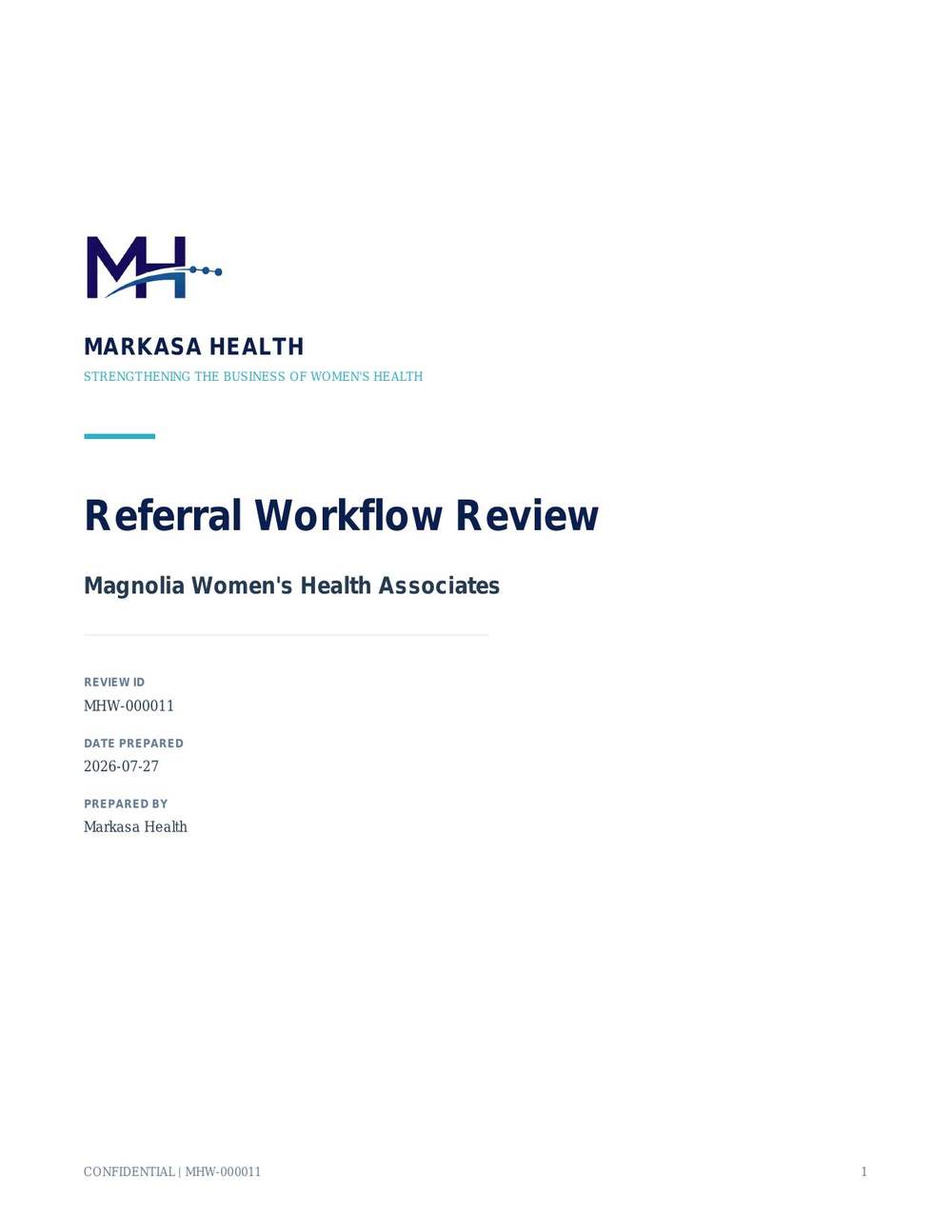 Sample Referral Workflow Review cover page with the Markasa Health monogram, practice name, review ID, and date prepared