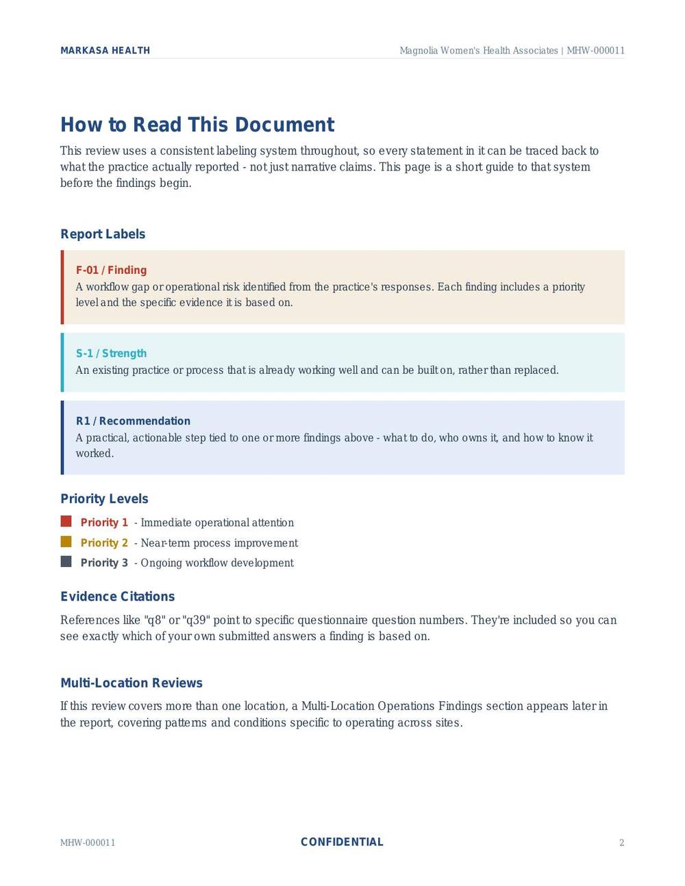Sample report legend page explaining finding, strength, and recommendation labels and the three priority levels
