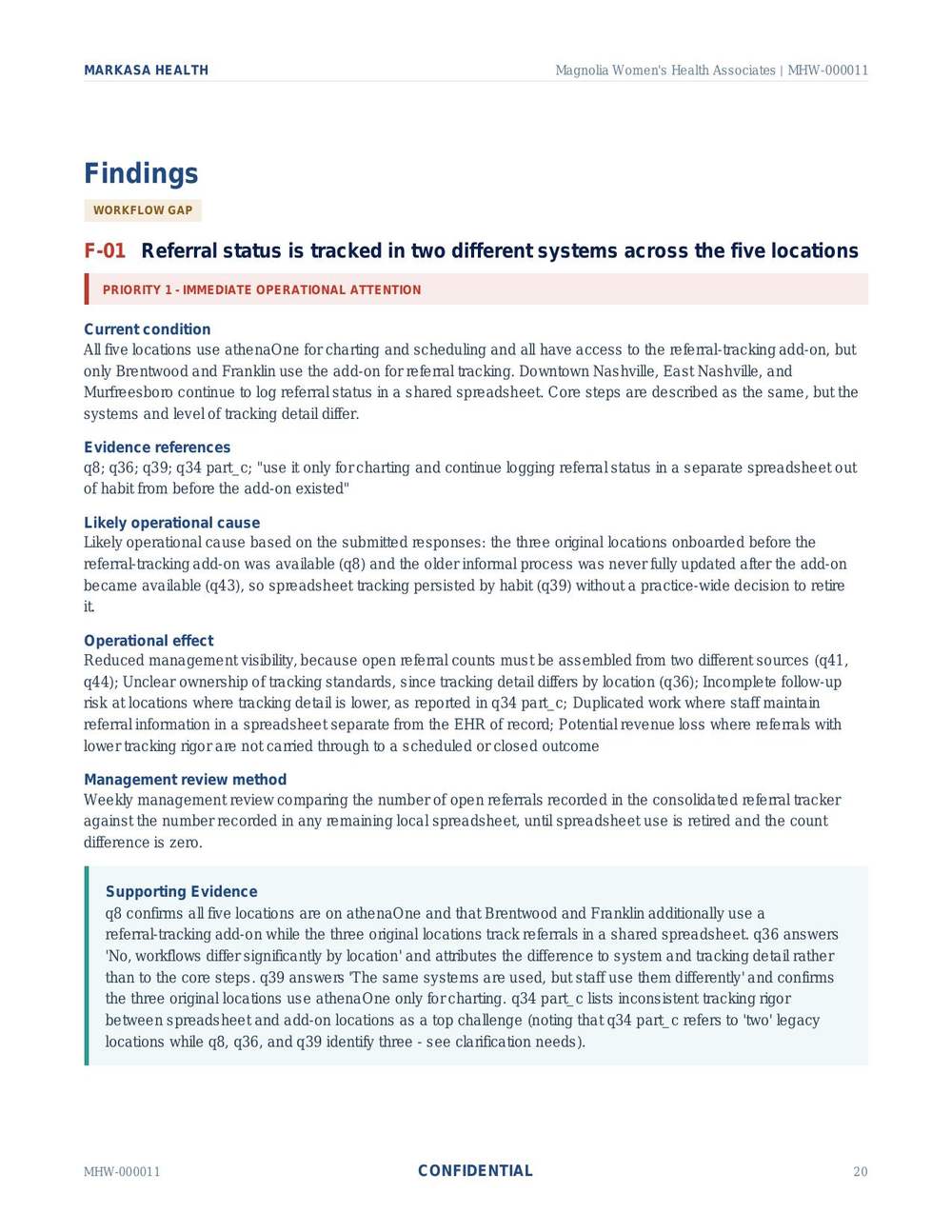 Sample finding card F-01 showing current condition, evidence references, likely cause, operational effect, and supporting evidence